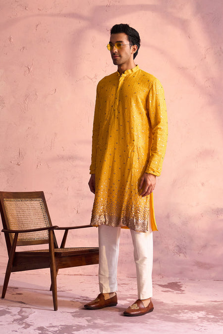 SHRESTHA By VASTRAMAY Men's Yellow Georgette Zari With Sequins Worked Kurta pant Set